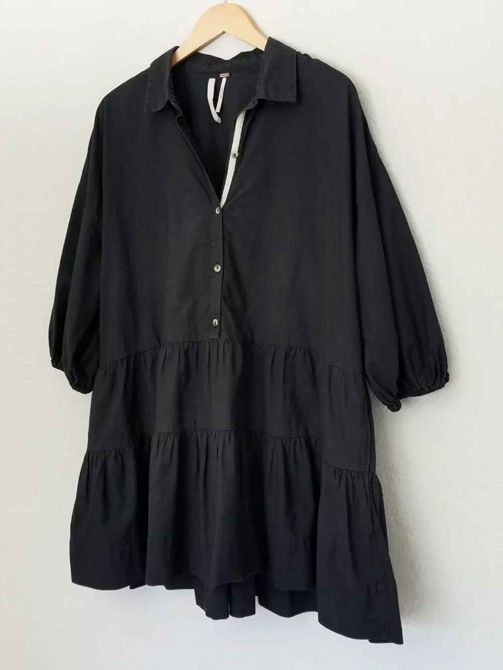 Free People Black Misha Mini Dress Size M Poplin 100% Cotton Tiered Babydoll